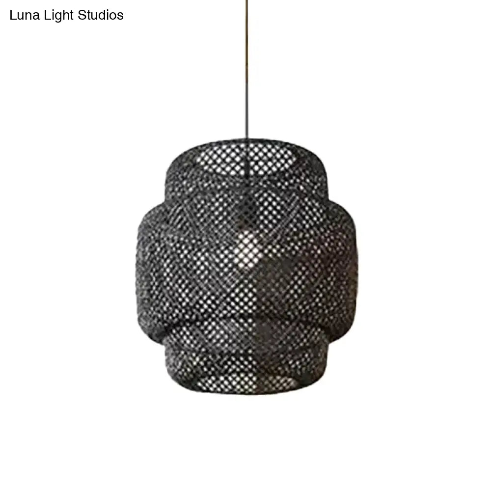 Criss-Cross Woven Lantern Pendant - Asian Style Bamboo Hanging Light 1 Bulb Black/Beige 15/19.5