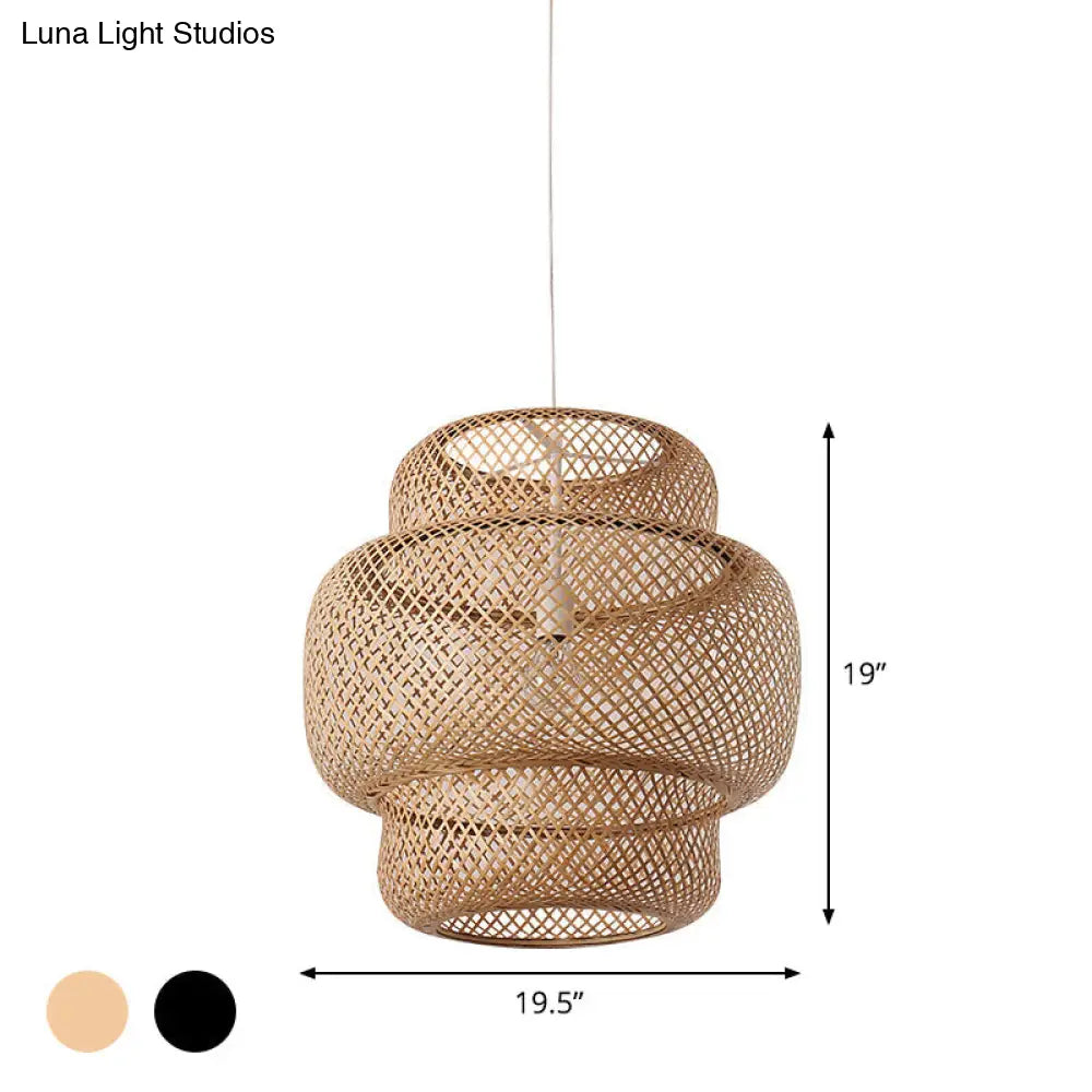 Criss-Cross Woven Lantern Pendant - Asian Style Bamboo Hanging Light 1 Bulb Black/Beige 15/19.5