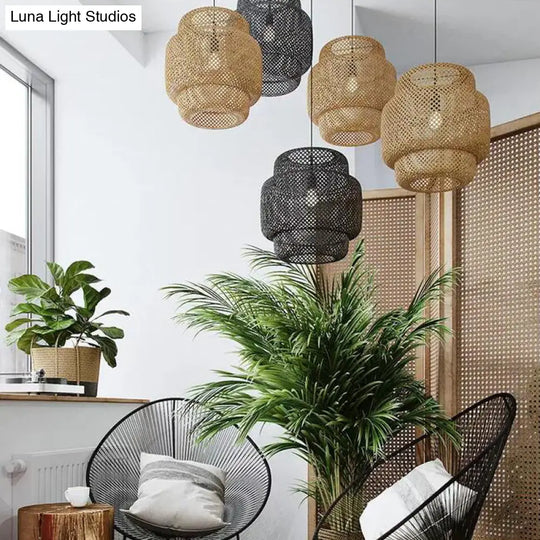 Criss-Cross Woven Bamboo Lantern Pendant Asian Style Hanging Light In Black/Beige 15’/19.5’ W