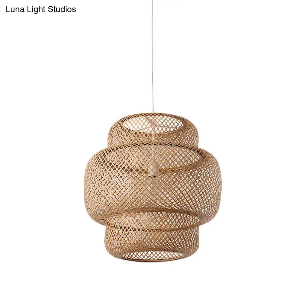 Criss-Cross Woven Lantern Pendant - Asian Style Bamboo Hanging Light 1 Bulb Black/Beige 15/19.5