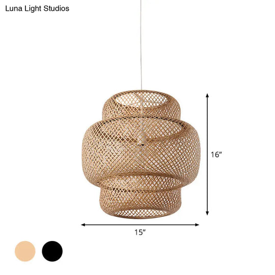 Criss-Cross Woven Lantern Pendant - Asian Style Bamboo Hanging Light 1 Bulb Black/Beige 15/19.5