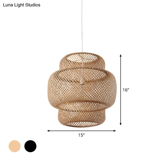 Criss-Cross Woven Bamboo Lantern Pendant Asian Style Hanging Light In Black/Beige 15’/19.5’ W