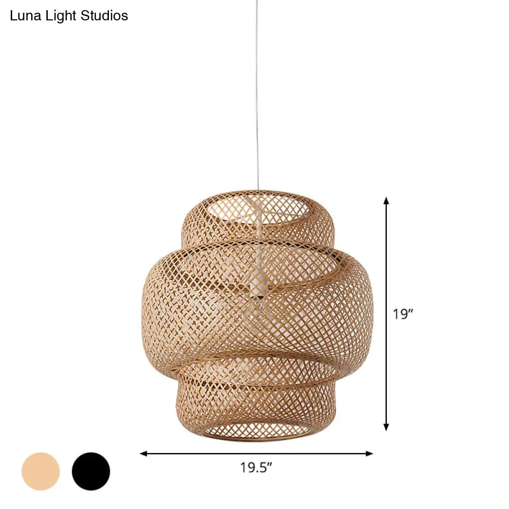Criss-Cross Woven Bamboo Lantern Pendant Asian Style Hanging Light In Black/Beige 15’/19.5’ W