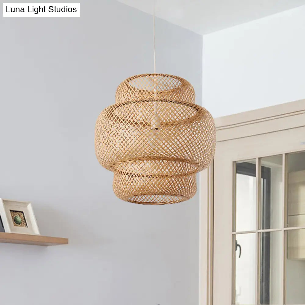 Criss-Cross Woven Lantern Pendant - Asian Style Bamboo Hanging Light 1 Bulb Black/Beige 15/19.5