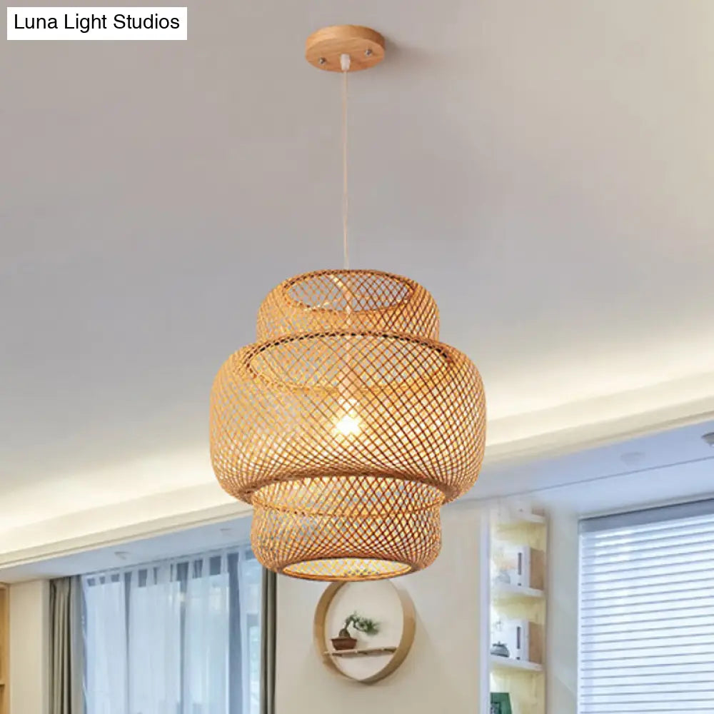Criss-Cross Woven Lantern Pendant - Asian Style Bamboo Hanging Light 1 Bulb Black/Beige 15/19.5