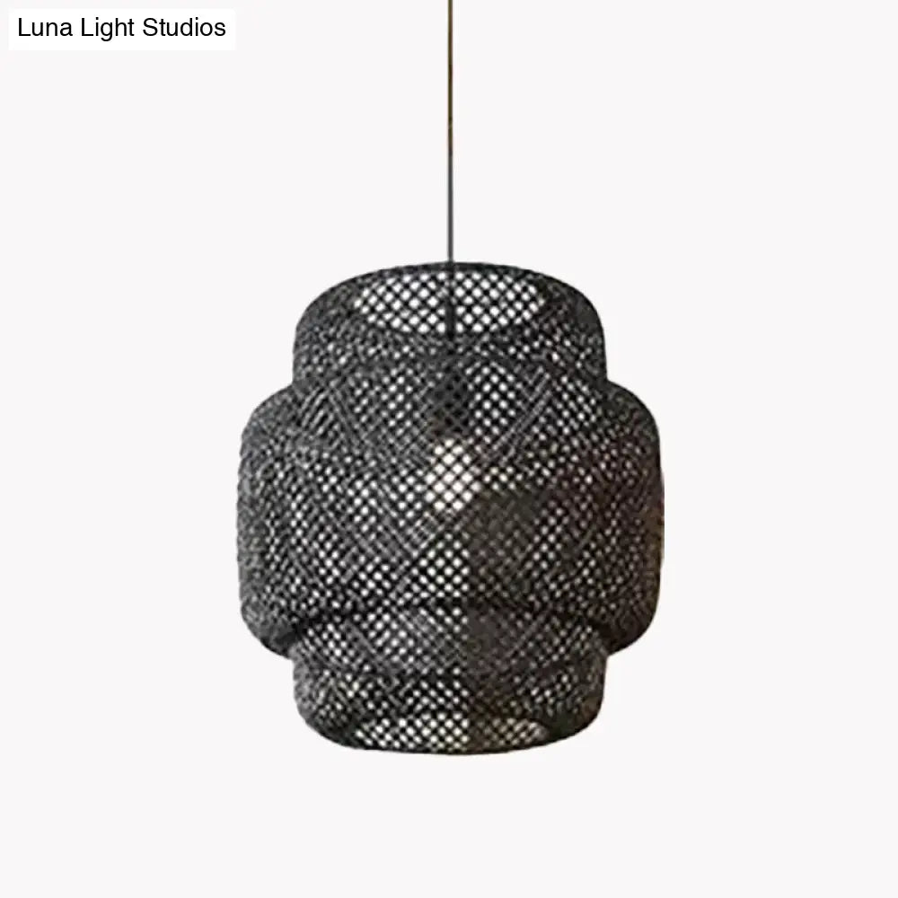 Criss-Cross Woven Lantern Pendant - Asian Style Bamboo Hanging Light 1 Bulb Black/Beige 15/19.5