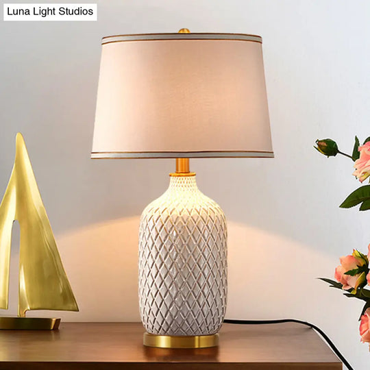 Crisscross-Pattern Ceramic Table Lamp - Traditional White Pot Night Light With Drum Shade