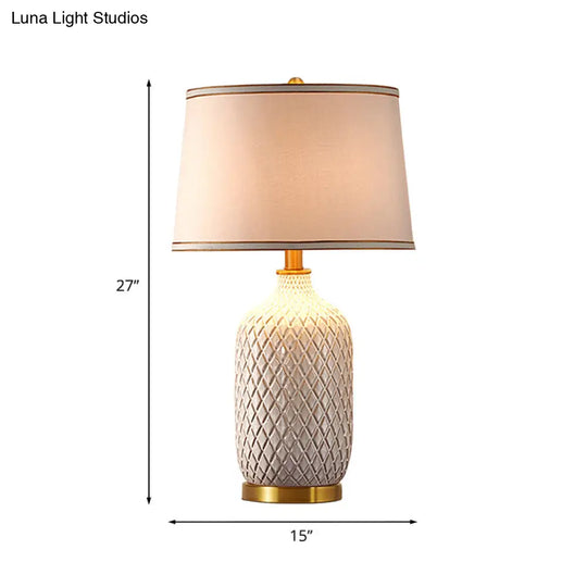 Crisscross-Pattern Ceramic Table Lamp - Traditional White Pot Night Light With Drum Shade