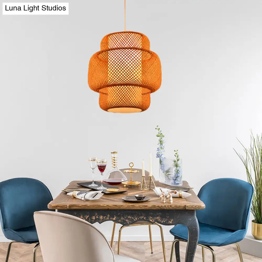 Lantern-Shaped Hanging Light With Cross-Woven Asian Bamboo Design - 18/19.5 W 1 Suspension Lamp For