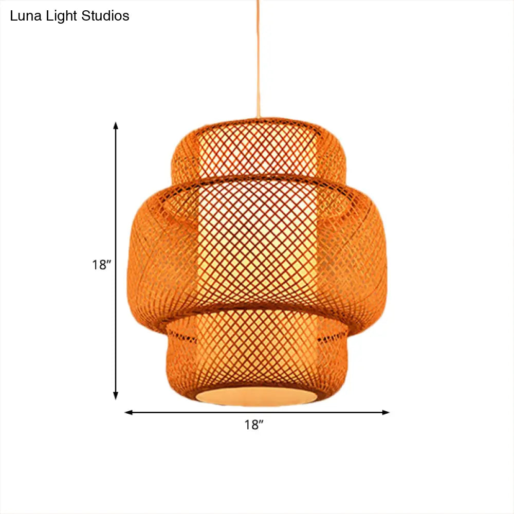 Lantern-Shaped Hanging Light With Cross-Woven Asian Bamboo Design - 18/19.5 W 1 Suspension Lamp For