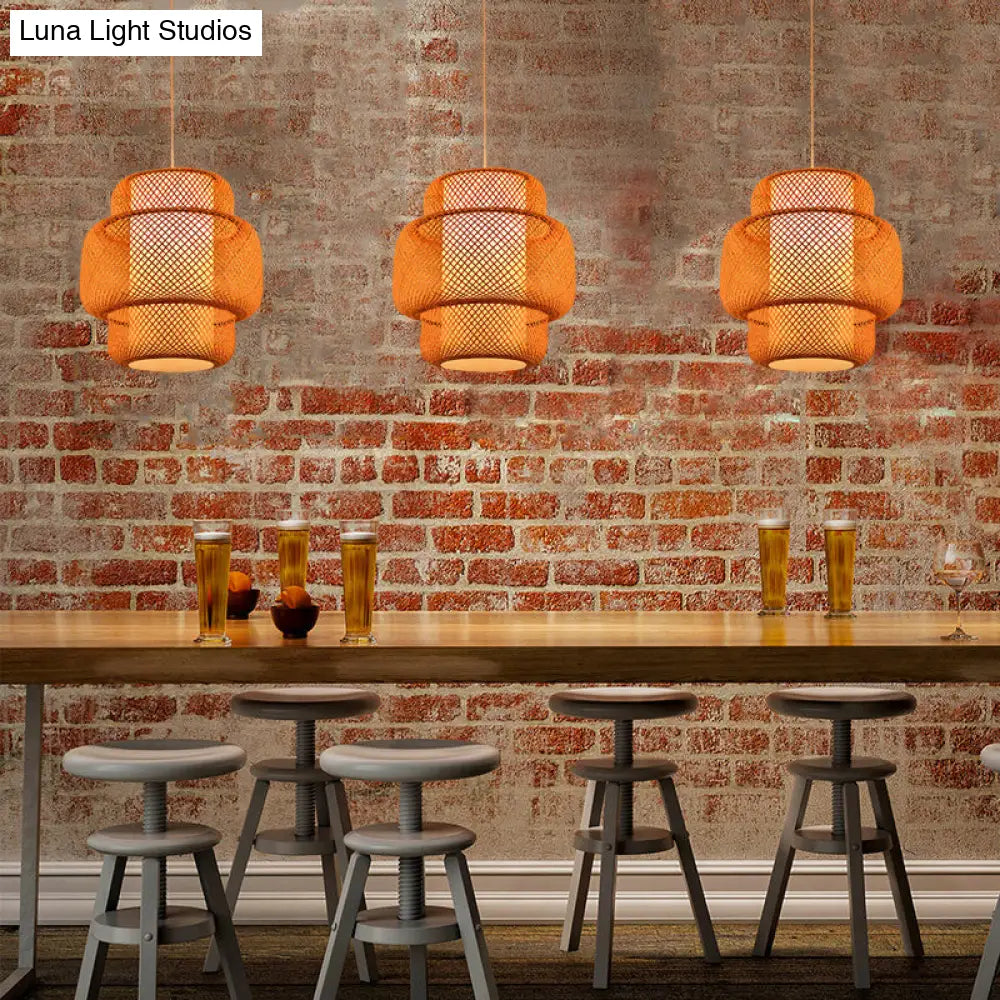 Lantern-Shaped Hanging Light With Cross-Woven Asian Bamboo Design - 18/19.5 W 1 Suspension Lamp For