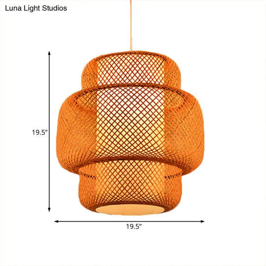 Lantern-Shaped Hanging Light With Cross-Woven Asian Bamboo Design - 18/19.5 W 1 Suspension Lamp For