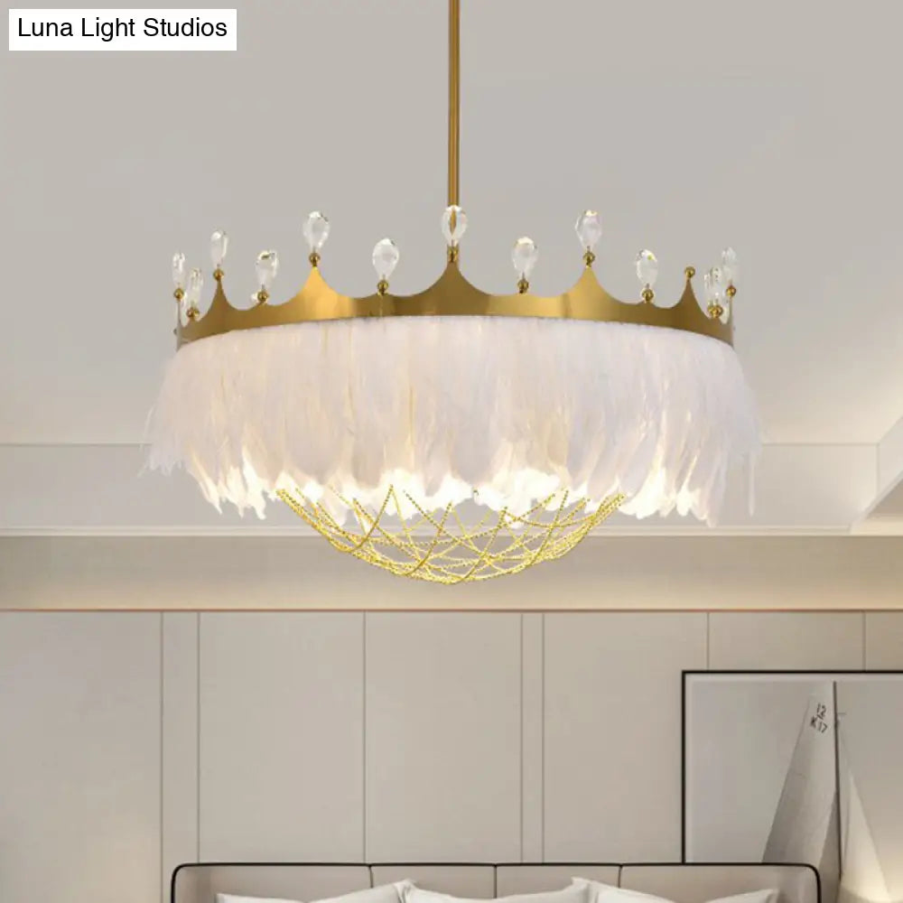 Crown Feather Ceiling Light With Crystal For Girls’ Bedroom