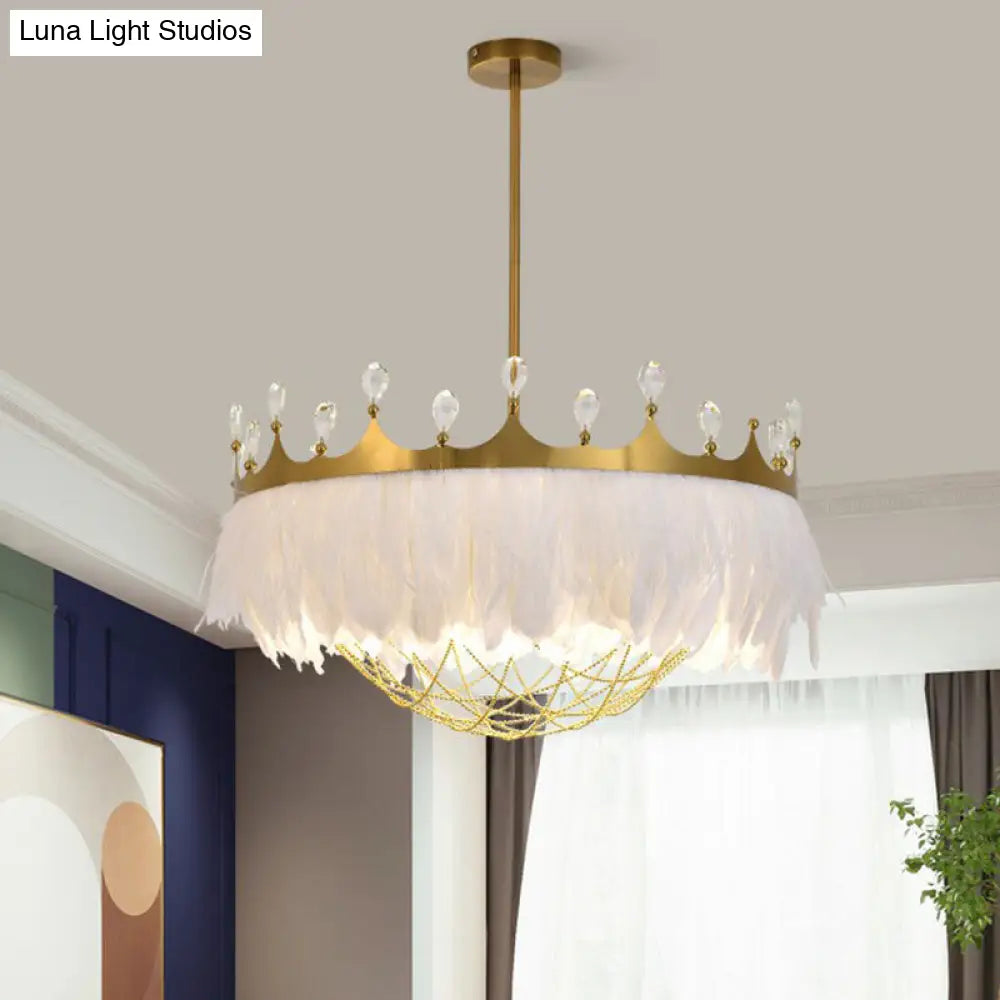 Crown Feather Ceiling Light: Artistic 1-Head Hanging Lamp For Girls Bedroom With Chain Net & Crystal