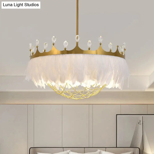 Crown Feather Ceiling Light: Artistic 1-Head Hanging Lamp For Girls Bedroom With Chain Net & Crystal