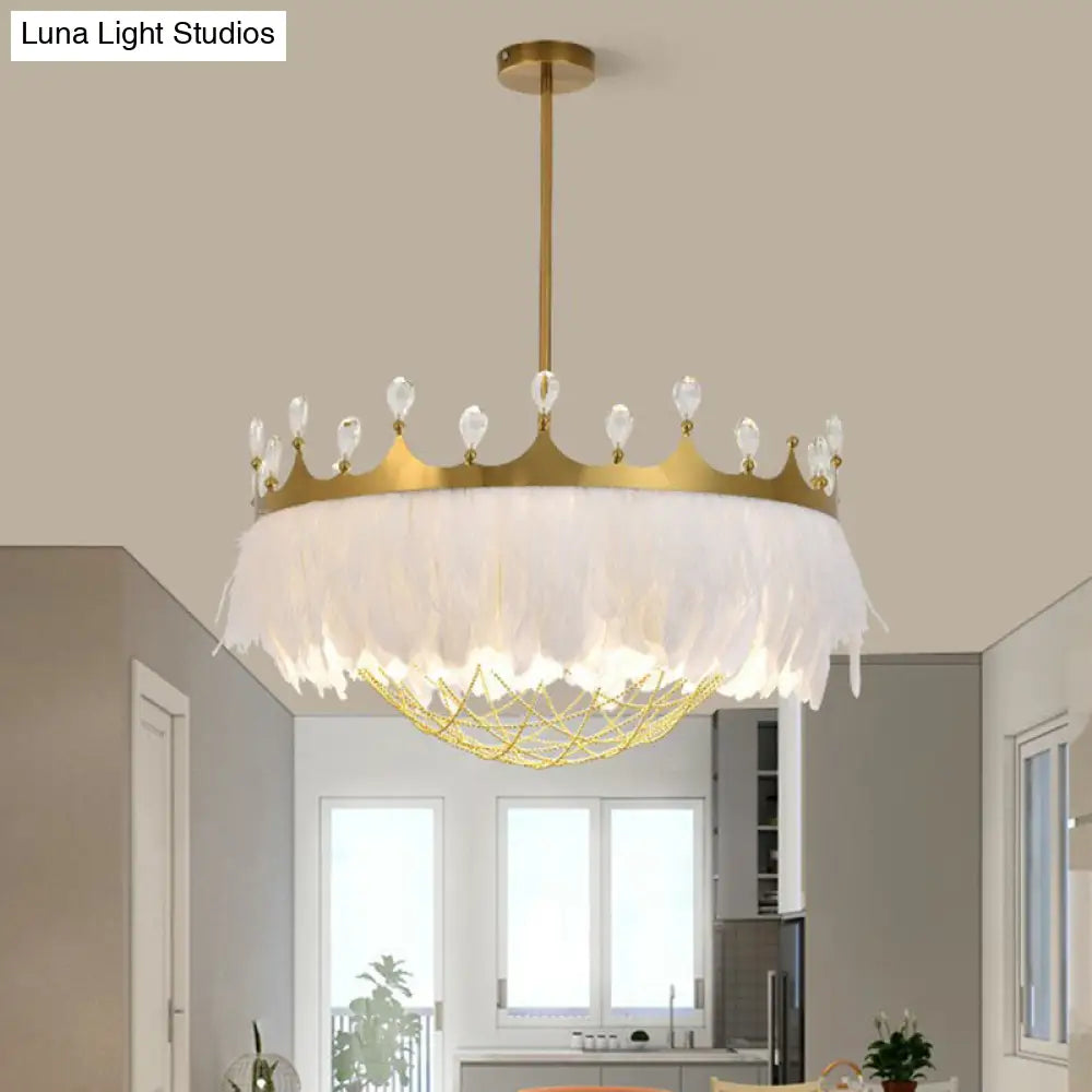 Crown Feather Ceiling Light: Artistic 1-Head Hanging Lamp For Girls Bedroom With Chain Net & Crystal