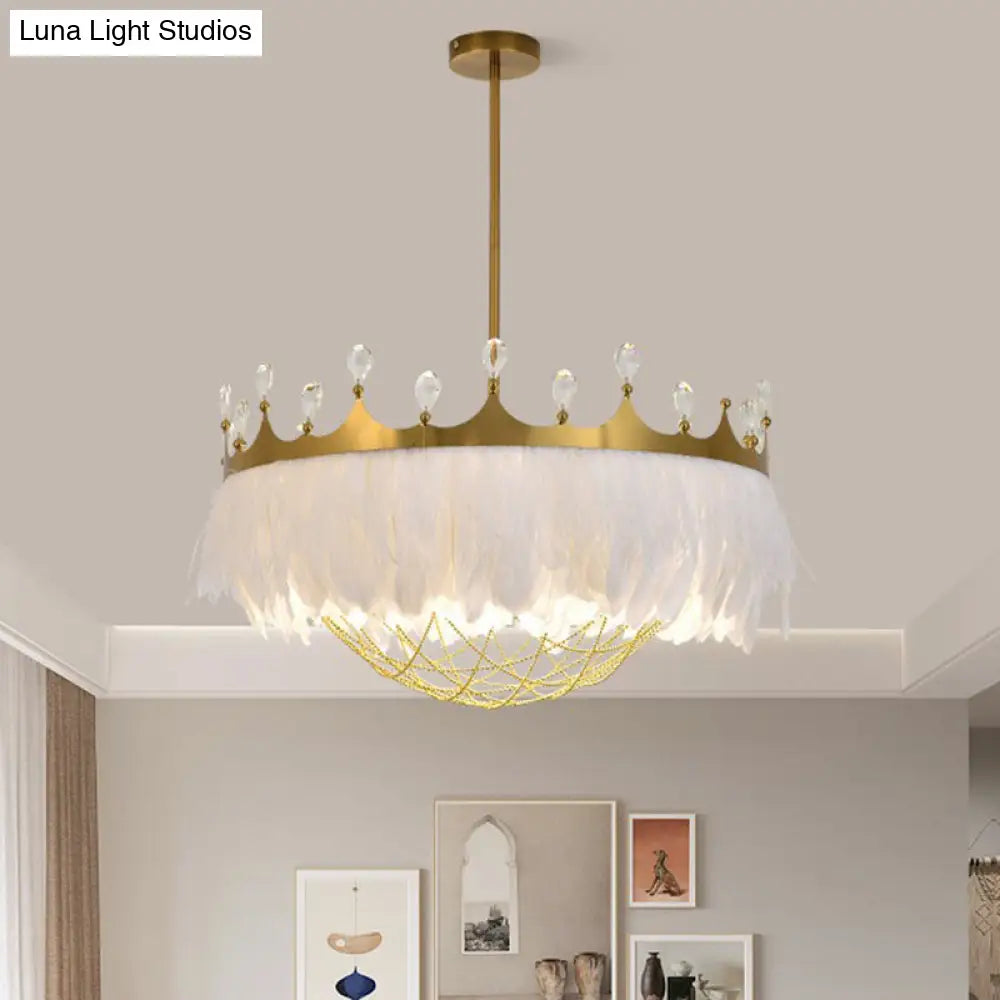 Crown Feather Ceiling Light With Crystal For Girls’ Bedroom