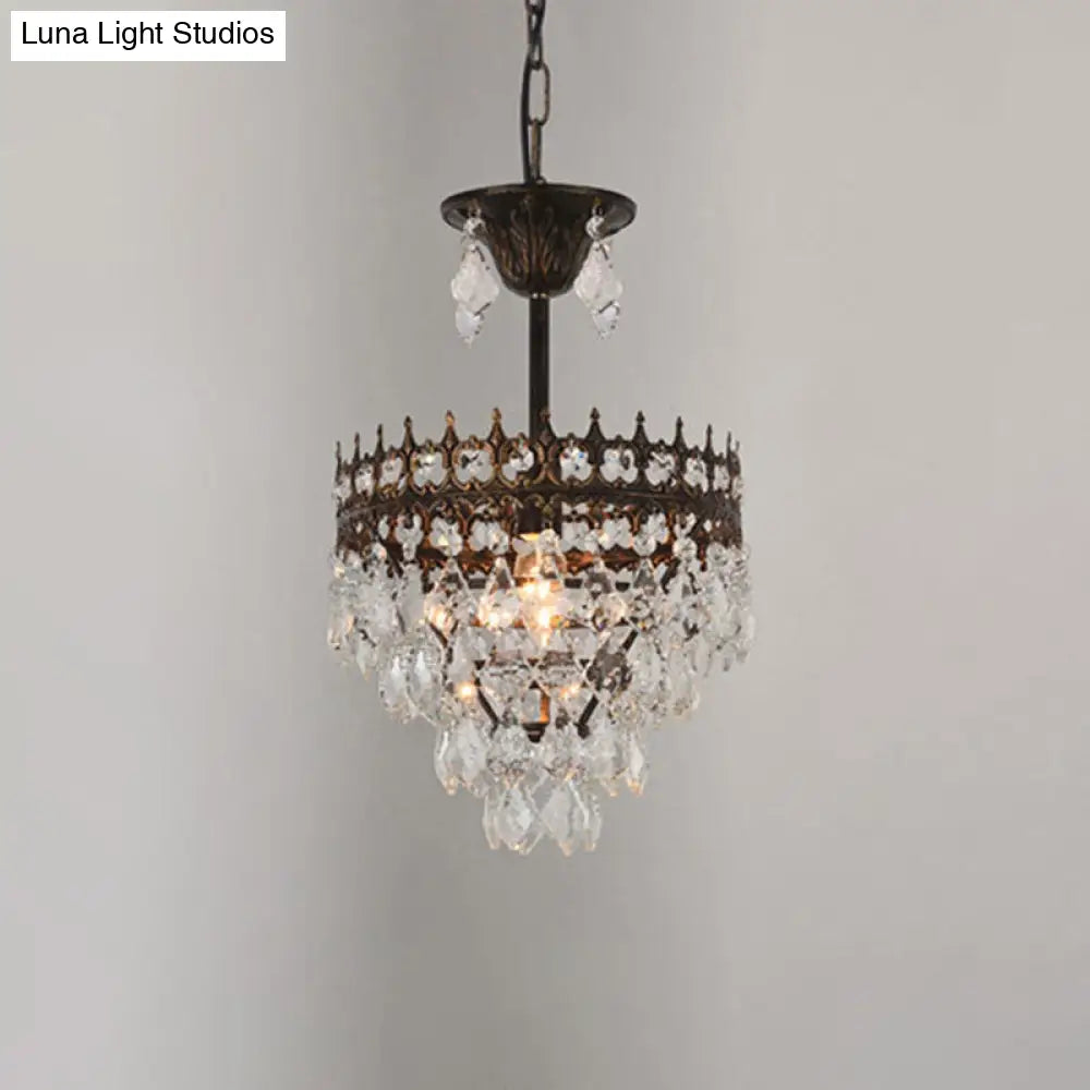 Vintage Crown Pendant Light With Tapered Crystal Drops - Single-Bulb Metal Ceiling Fixture Black /