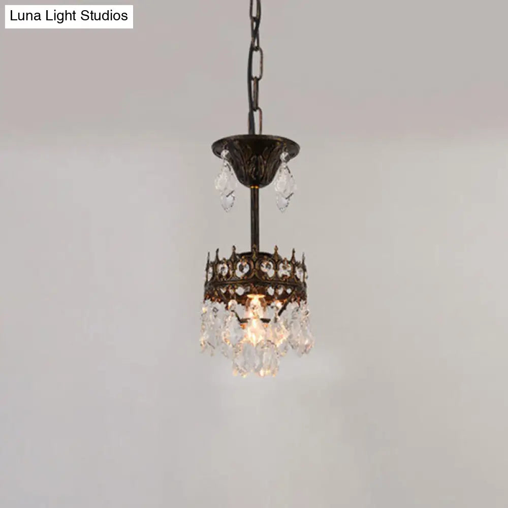 Vintage Crown Pendant Light With Tapered Crystal Drops - Single-Bulb Metal Ceiling Fixture Black /