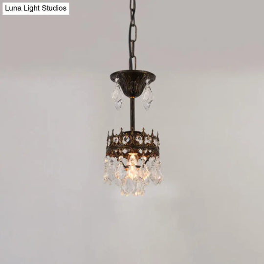 Vintage Crown Pendant Light With Tapered Crystal Drops - Single-Bulb Metal Ceiling Fixture Black /