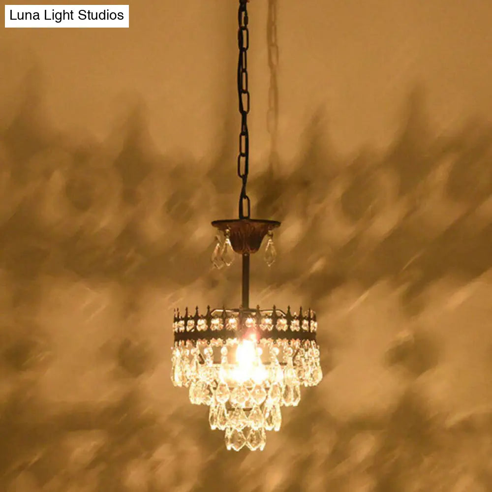 Vintage Crown Pendant Light With Tapered Crystal Drops - Single-Bulb Metal Ceiling Fixture