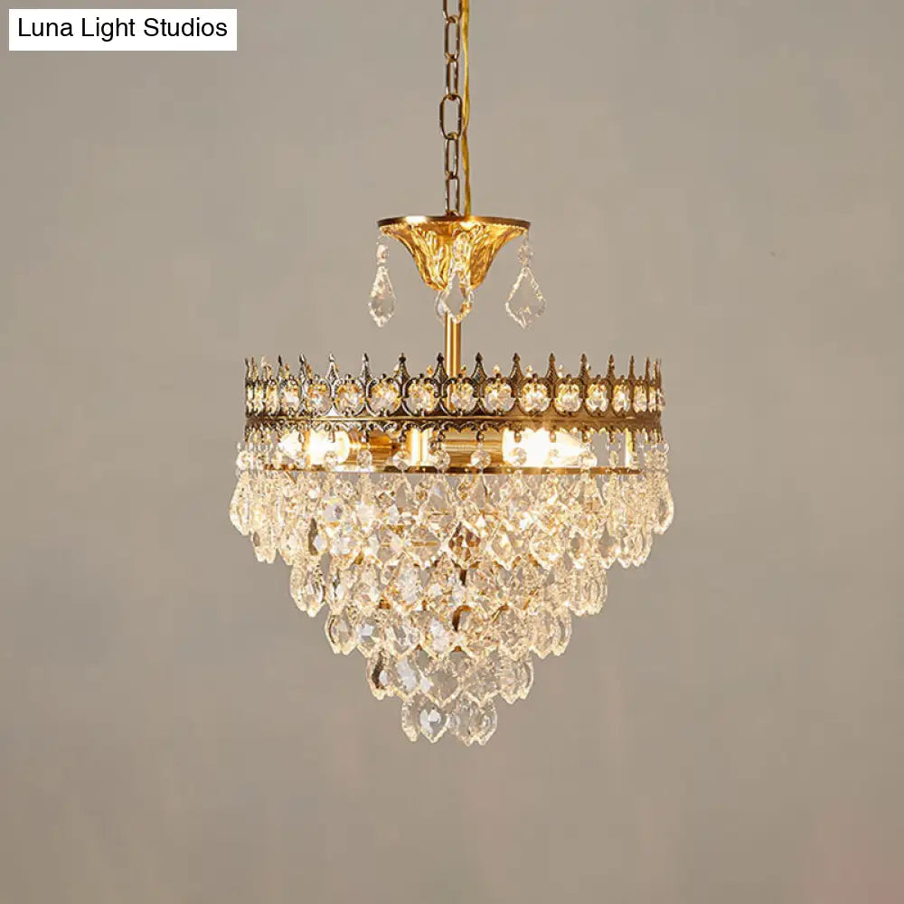 Vintage Crown Pendant Light With Tapered Crystal Drops - Single-Bulb Metal Ceiling Fixture Gold / 14