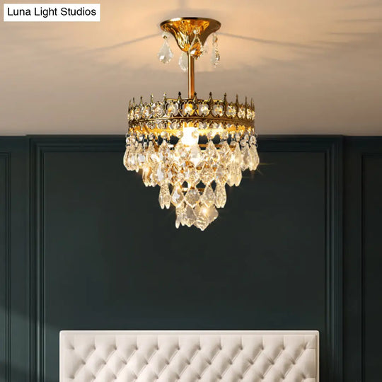 Crown Pendant Light With Crystal Drops - Vintage Single-Bulb Metal Ceiling Fixture