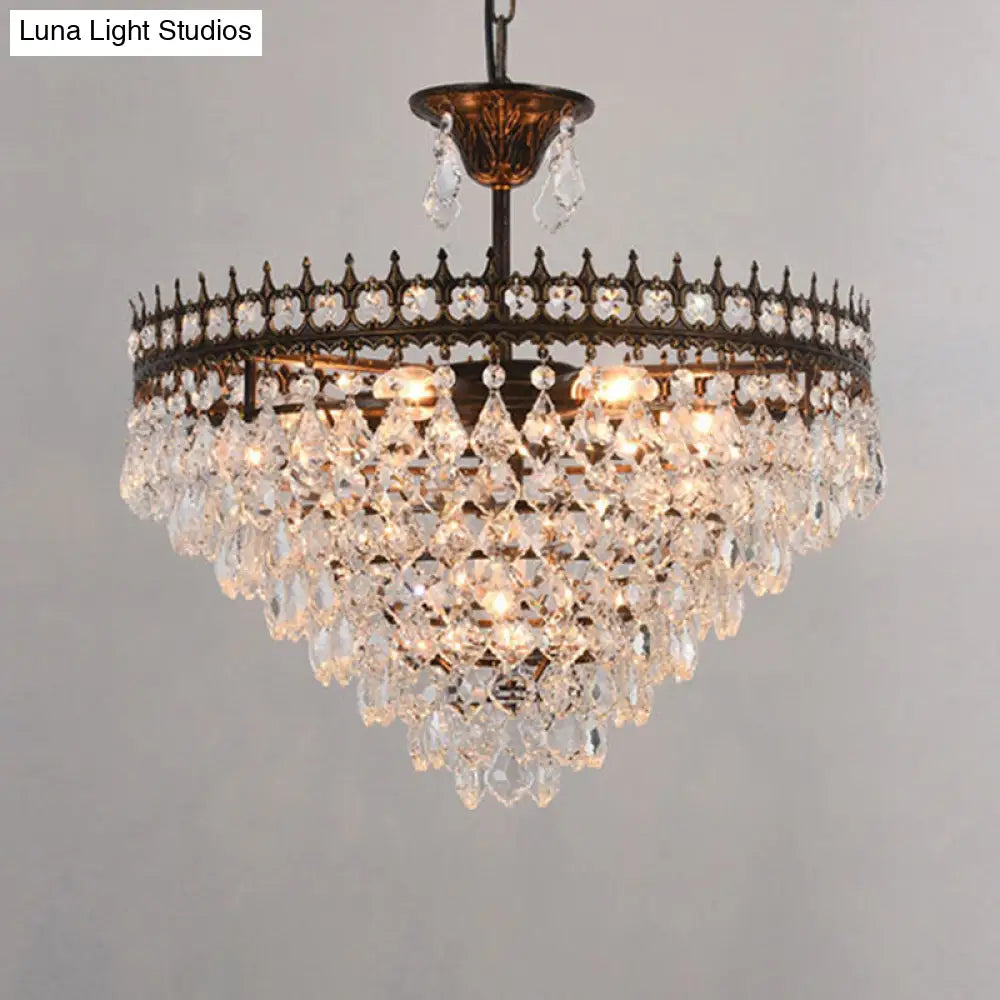 Vintage Crown Pendant Light With Tapered Crystal Drops - Single-Bulb Metal Ceiling Fixture Black /