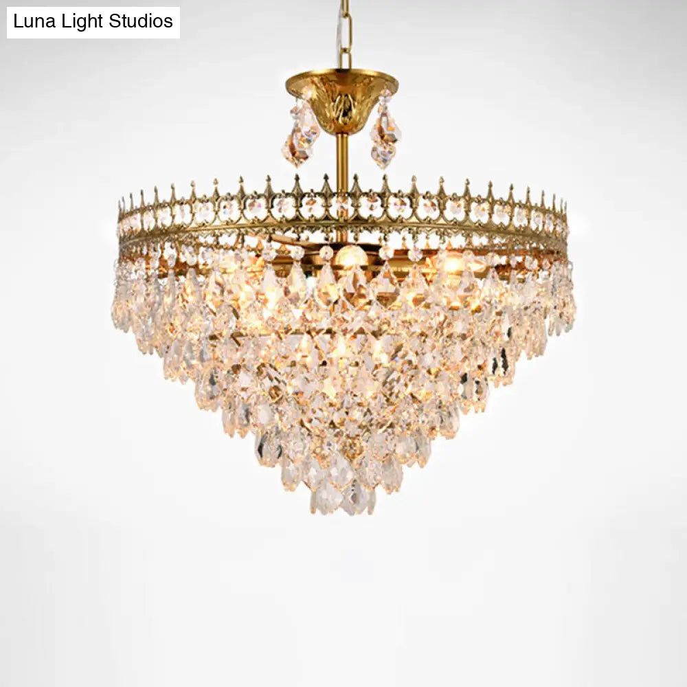 Vintage Crown Pendant Light With Tapered Crystal Drops - Single-Bulb Metal Ceiling Fixture Gold /