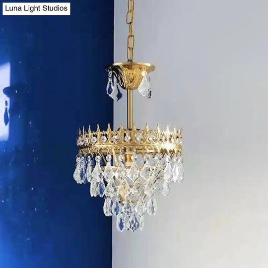 Vintage Crown Pendant Light With Tapered Crystal Drops - Single-Bulb Metal Ceiling Fixture Gold / 10