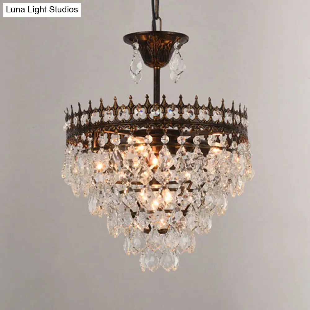 Vintage Crown Pendant Light With Tapered Crystal Drops - Single-Bulb Metal Ceiling Fixture Black /