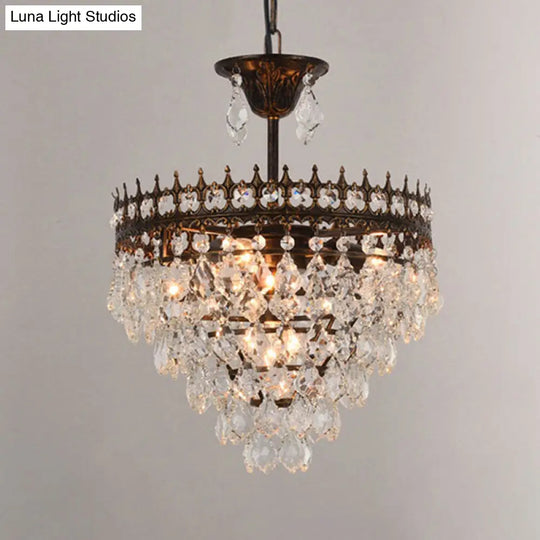 Vintage Crown Pendant Light With Tapered Crystal Drops - Single-Bulb Metal Ceiling Fixture Black /