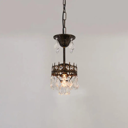 Crown Pendant Light With Crystal Drops - Vintage Single-Bulb Metal Ceiling Fixture Black / 5.5’