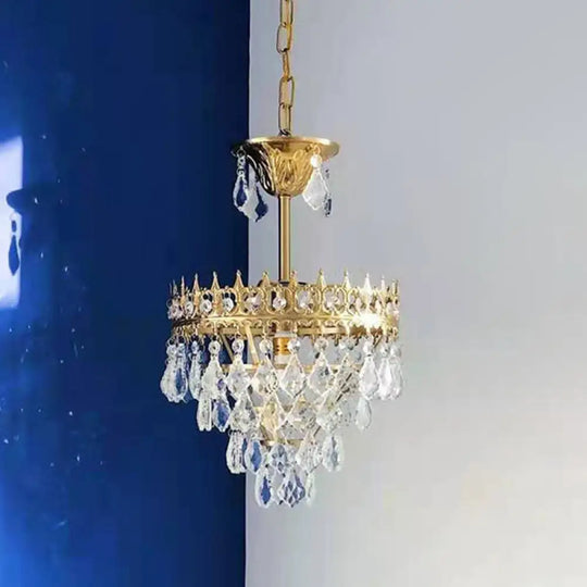 Crown Pendant Light With Crystal Drops - Vintage Single-Bulb Metal Ceiling Fixture Gold / 10’