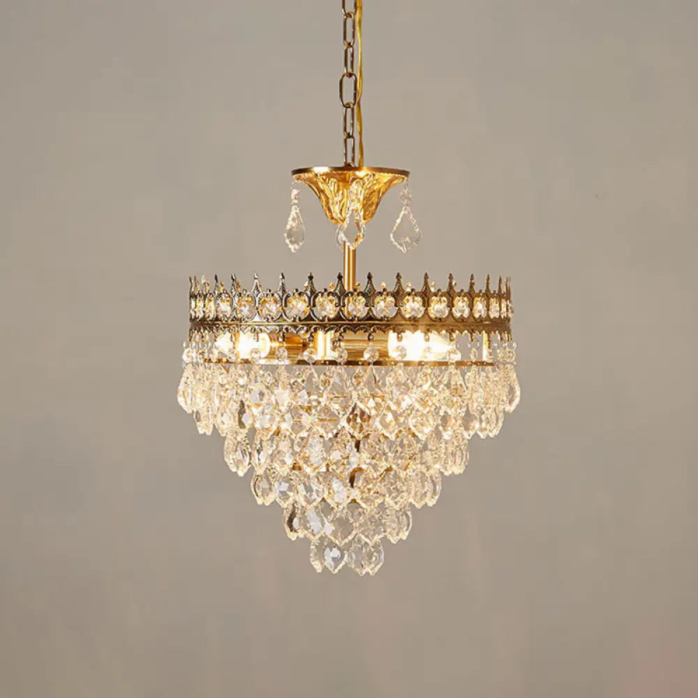 Crown Pendant Light With Crystal Drops - Vintage Single-Bulb Metal Ceiling Fixture Gold / 14’