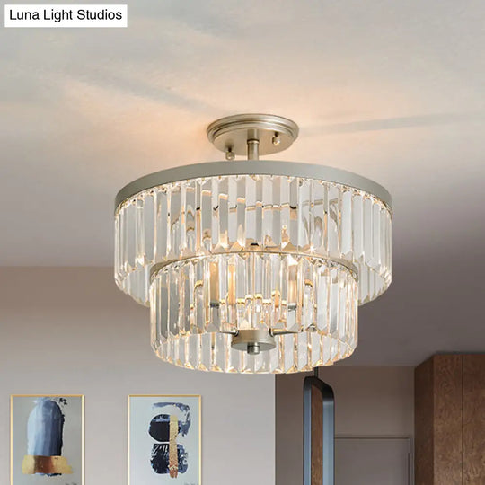 Crystal 2-Tier Cylinder Semi Flush Light - Modern Ceiling Lamp For Dining Room
