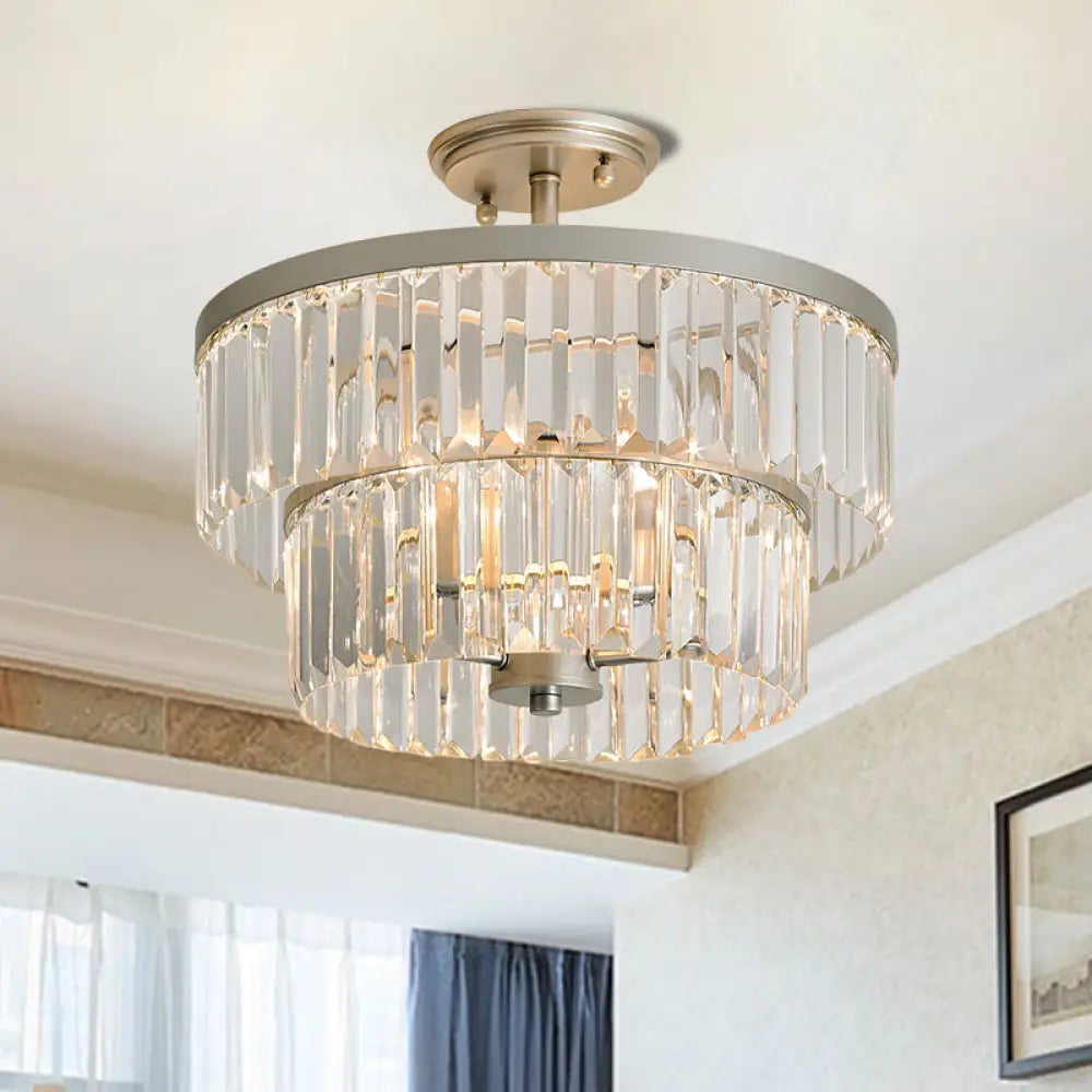 Crystal 2 - Tier Cylinder Semi Flush Light - Modern Ceiling Lamp For Dining Room Clear