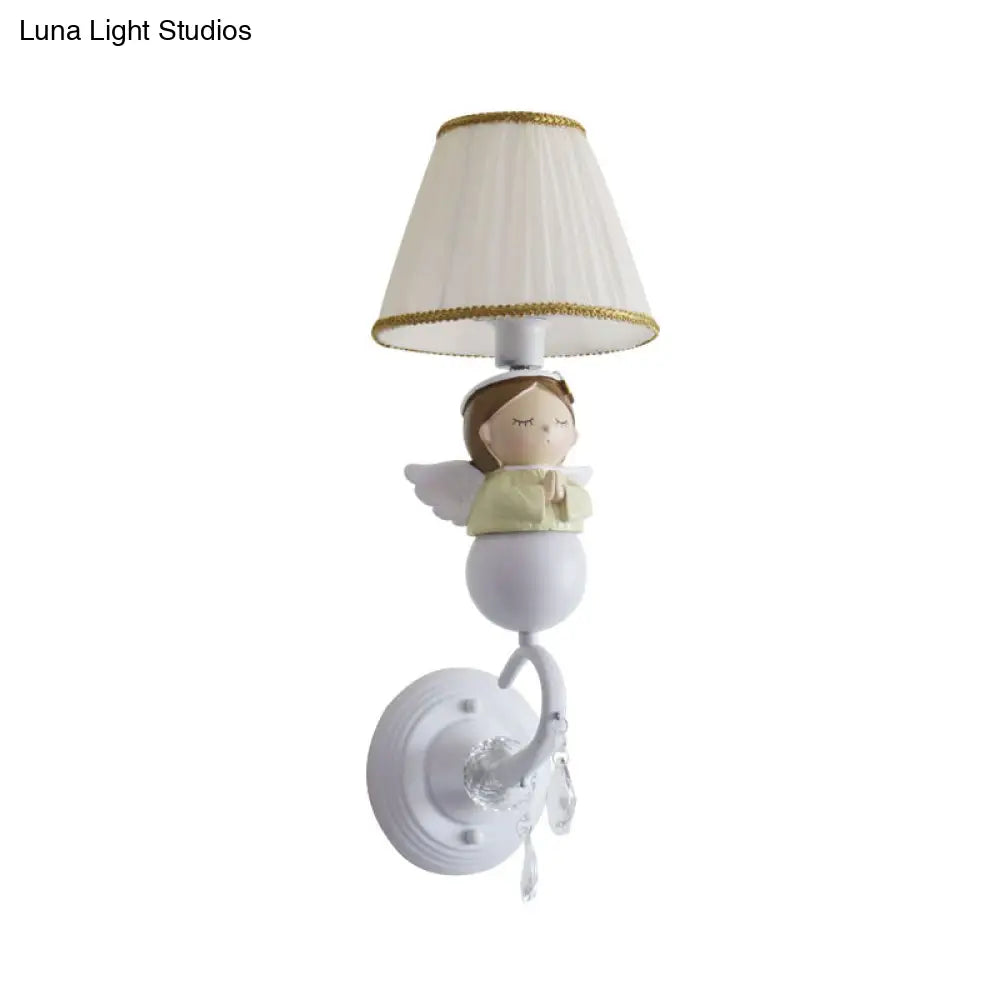 Crystal And Doll Deco Wall Light In White For Hallway - Modern Fabric Sconce Lamp With Tapered Shade