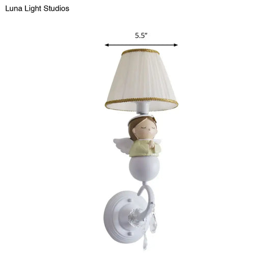 Crystal And Doll Deco Wall Light In White For Hallway - Modern Fabric Sconce Lamp With Tapered Shade