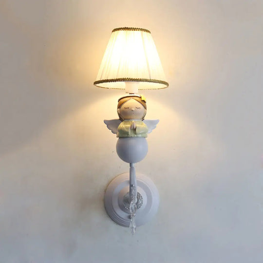 Crystal And Doll Deco Wall Light In White For Hallway - Modern Fabric Sconce Lamp With Tapered Shade