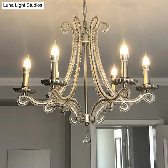 Crystal Beaded Chandelier With 6 Lights In Countryside Silver Candle Style - Perfect For Living Room