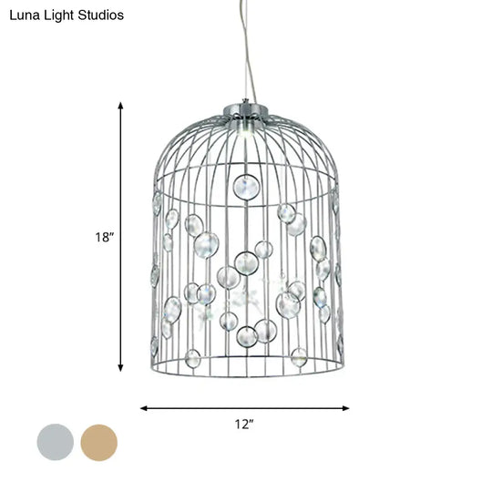 Crystal Bead Pendant Chandelier With Metal Bird Cage Design For Dining Room Lighting