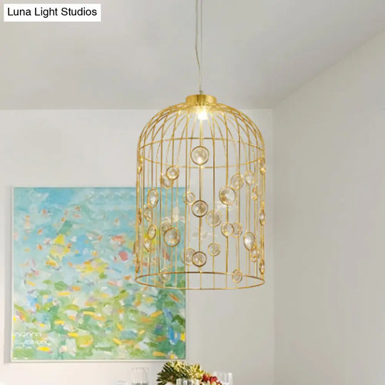 Bird Cage Pendant Chandelier With Crystal Bead Deco Dining Room Lighting Gold / 12