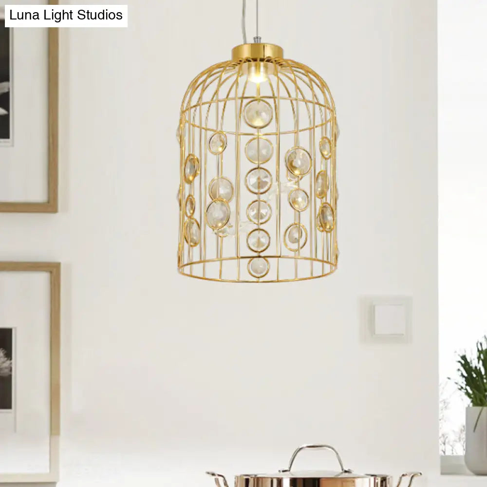 Crystal Bead Pendant Chandelier With Metal Bird Cage Design For Dining Room Lighting