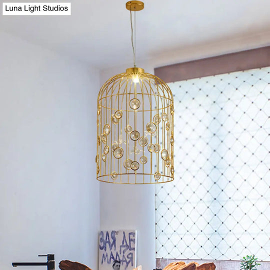 Crystal Bead Pendant Chandelier With Metal Bird Cage Design For Dining Room Lighting