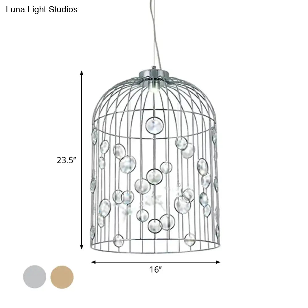 Crystal Bead Pendant Chandelier With Metal Bird Cage Design For Dining Room Lighting