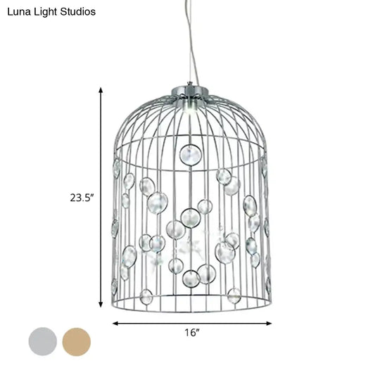 Crystal Bead Pendant Chandelier With Metal Bird Cage Design For Dining Room Lighting