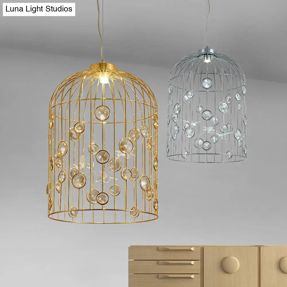 Crystal Bead Pendant Chandelier With Metal Bird Cage Design For Dining Room Lighting