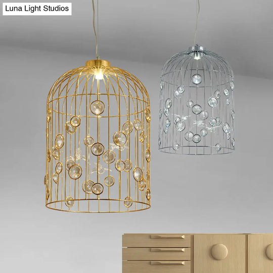 Crystal Bead Pendant Chandelier With Metal Bird Cage Design For Dining Room Lighting