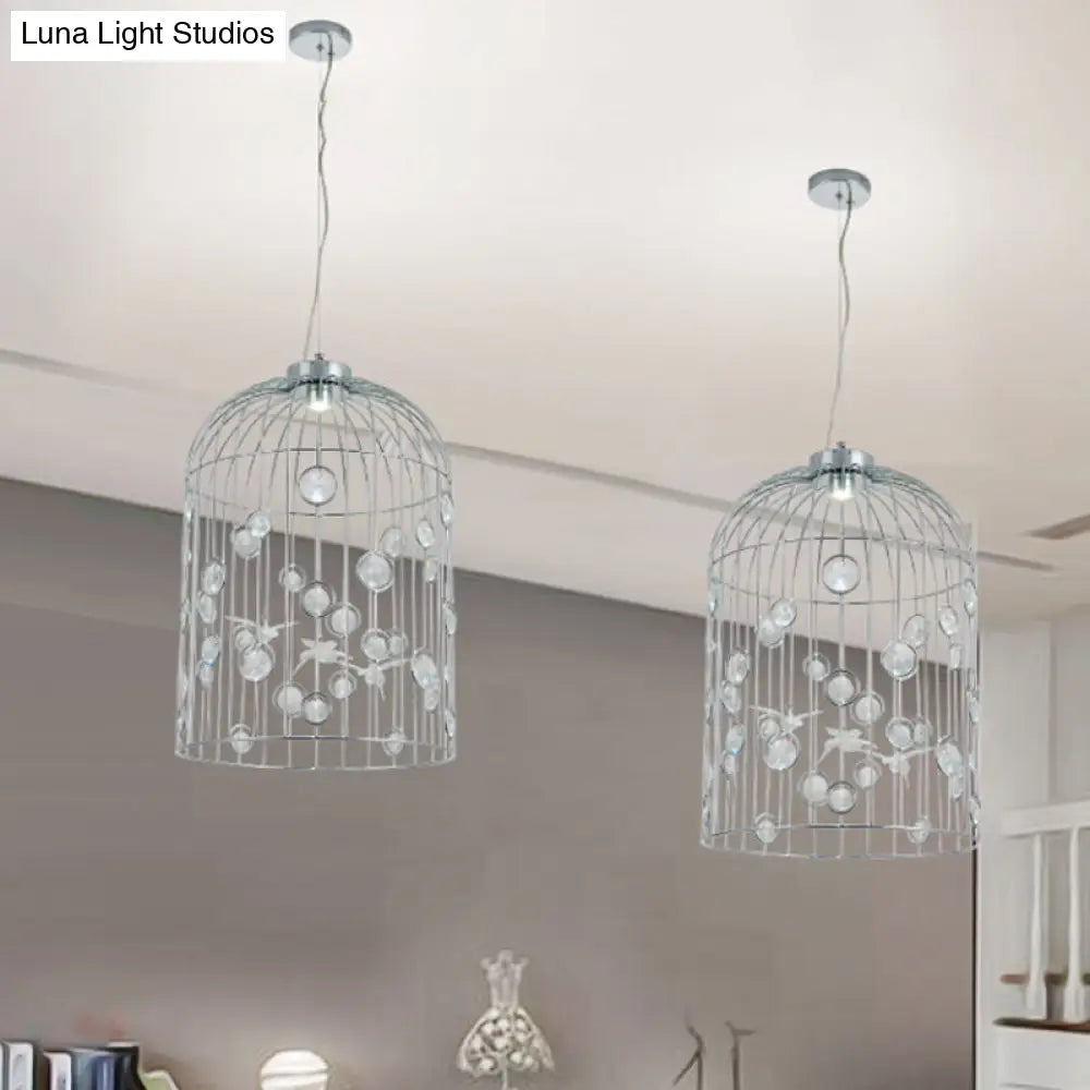 Bird Cage Pendant Chandelier With Crystal Bead Deco Dining Room Lighting Silver / 12